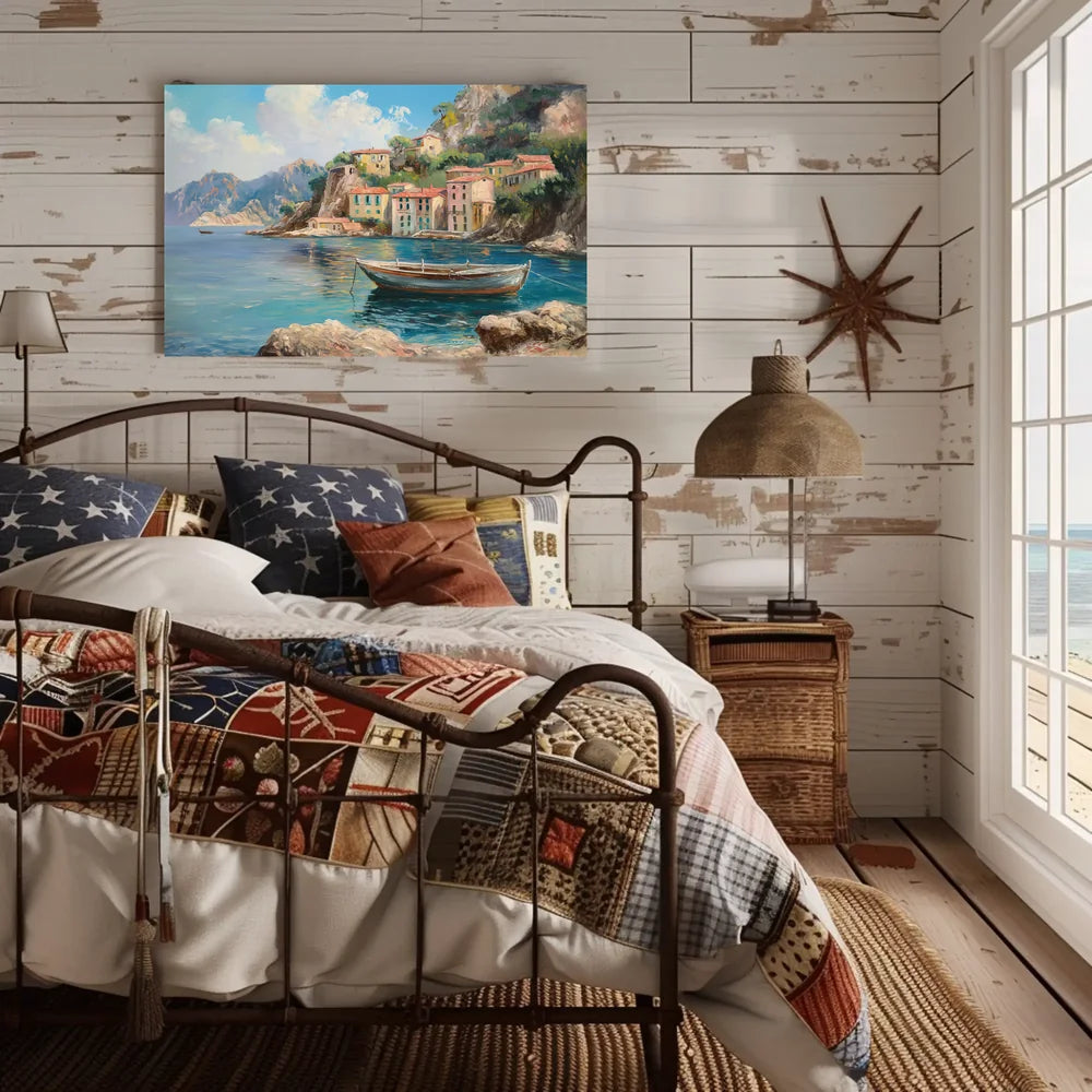 The poster showcases a scenic coastal village, likely inspired by the Mediterranean region, Travel Poster