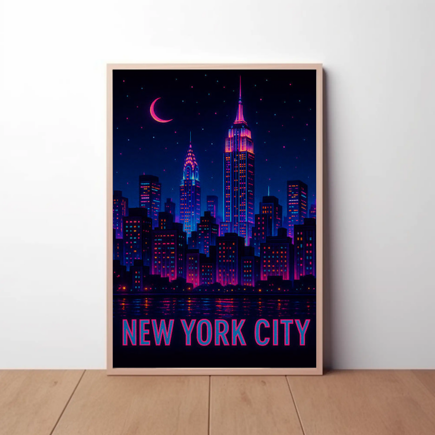 New York Neon Skyline Empire State Night Stars Travel Poster