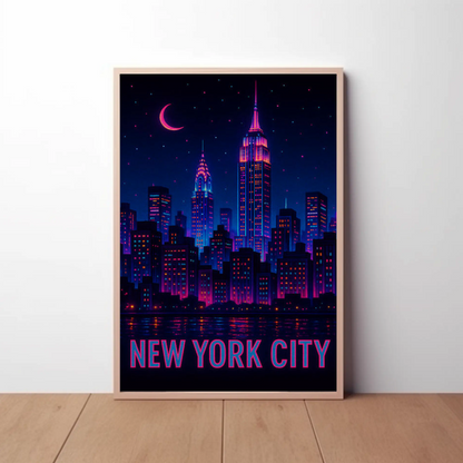 New York Neon Skyline Empire State Night Stars Travel Poster