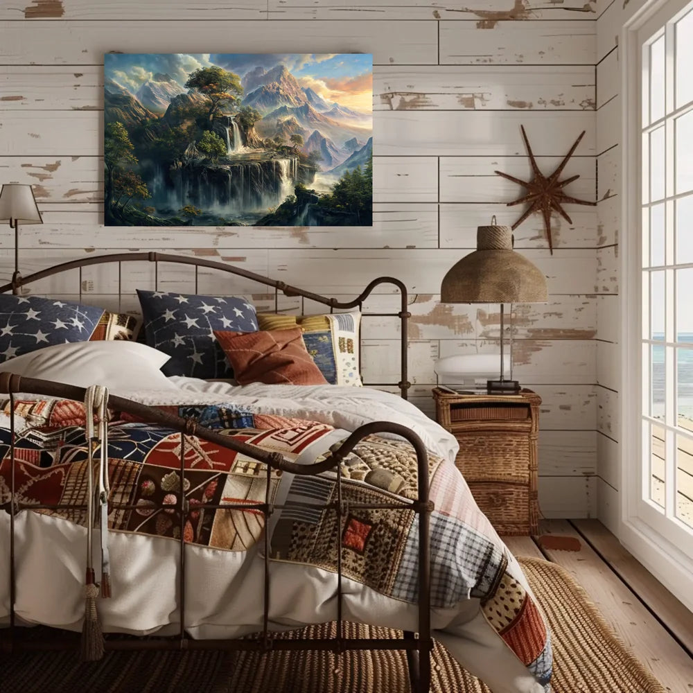Majestic Mountain Landscape with Waterfalls Poster