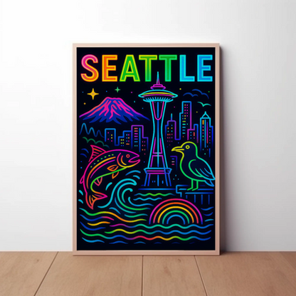 Seattle Washington Space Needle Neon Skyline Poster Poster