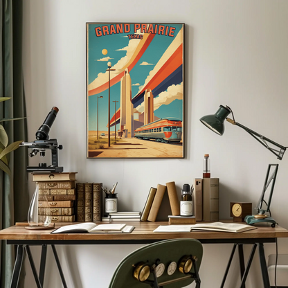 Grand Prairie Texas Train Towers Streamline Vintage Travel Poster