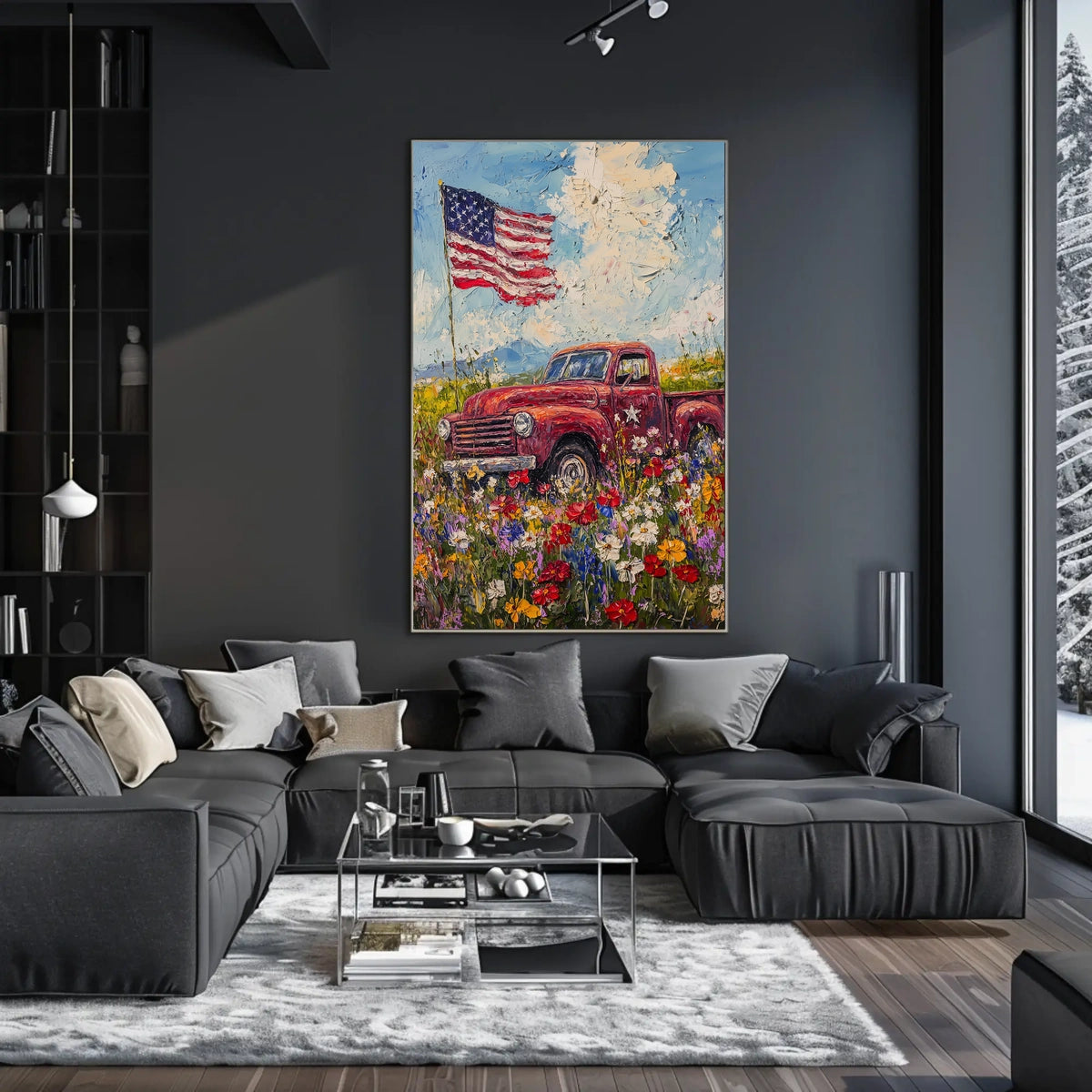 red pickup truck parked in a flower Poster