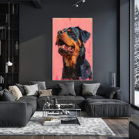 Striking Rottweiler Portrait on Vibrant Pink Dog Breed Poster PosterGoat