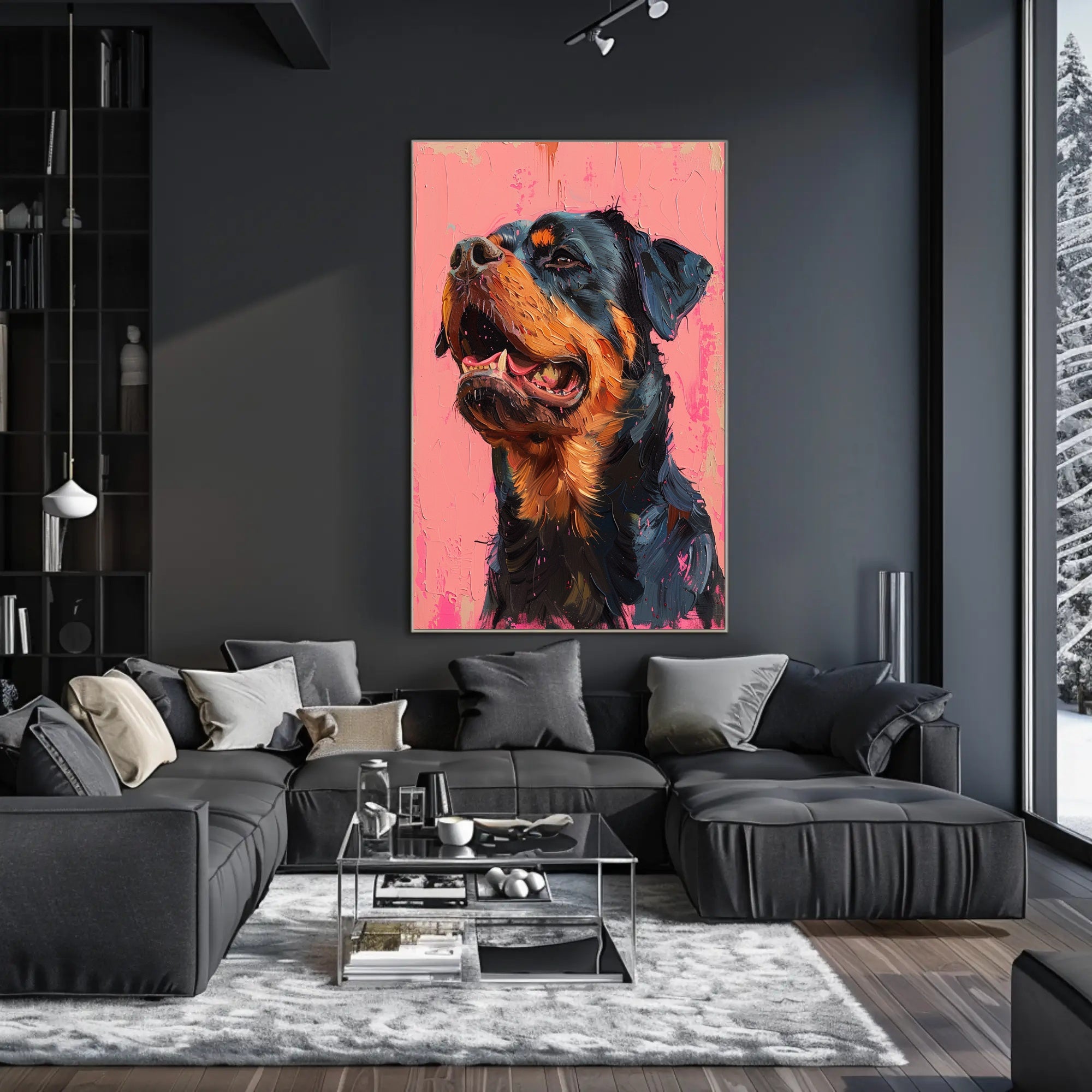 Striking Rottweiler Portrait on Vibrant Pink Dog Breed Poster PosterGoat