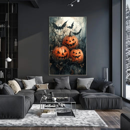 Halloween Jack-o'-lantern Bats Gathering Art Print Poster
