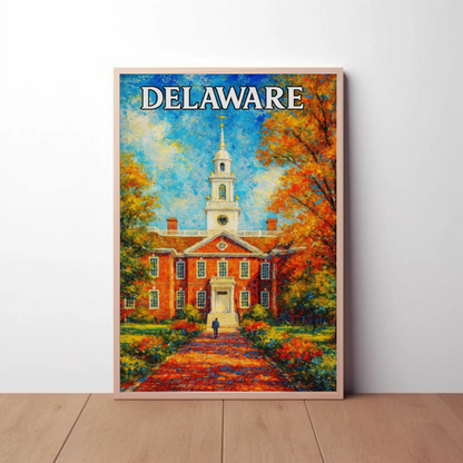 Delaware Brick Capitol Autumn Trees Travel Poster