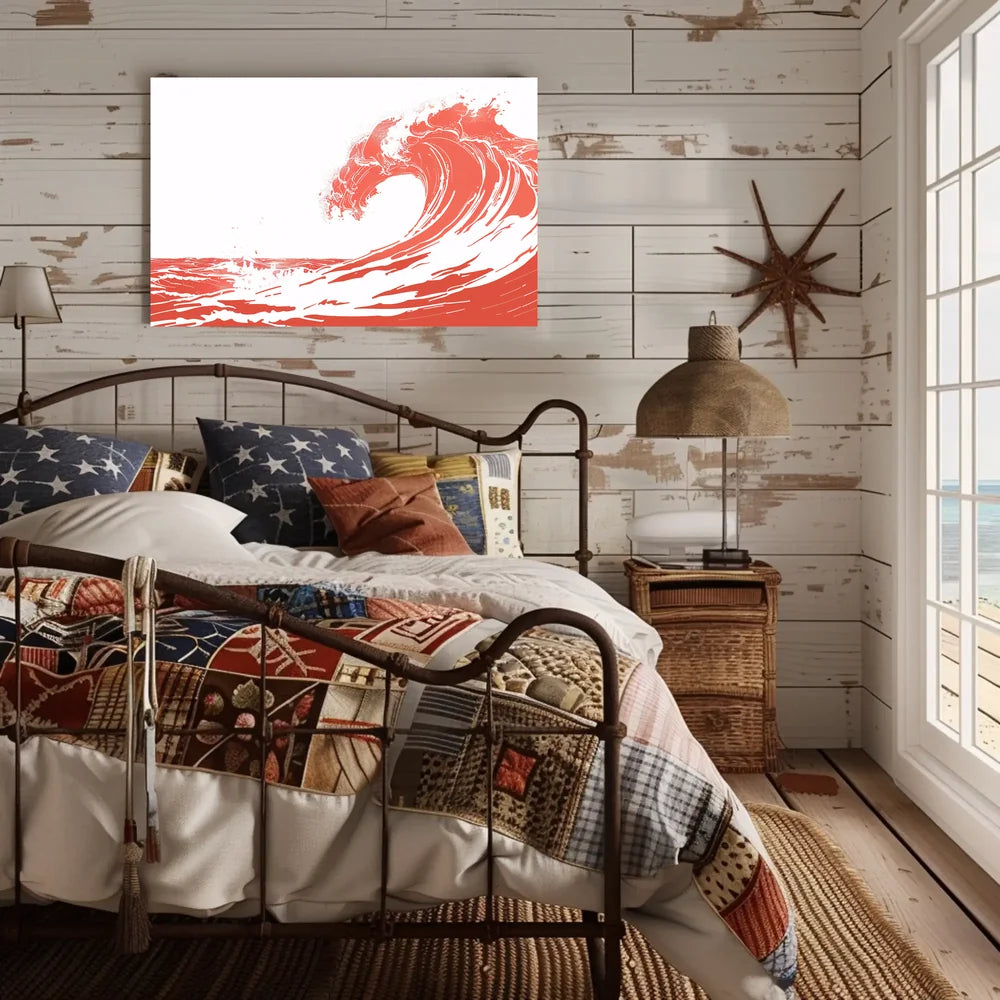 Bold Minimalist Wave Art Poster in Coral Red