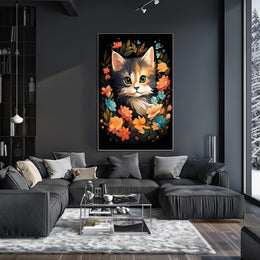 Charming Cat Amidst Vibrant Floral Wonderland Poster