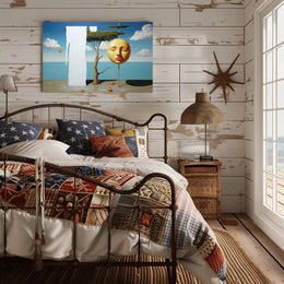 Surreal Coastal Dreamscape with Golden Mask Artistic Poster