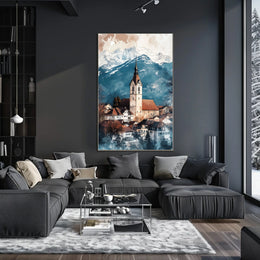 Liechtenstein Balzers Church and Mountains View Poster