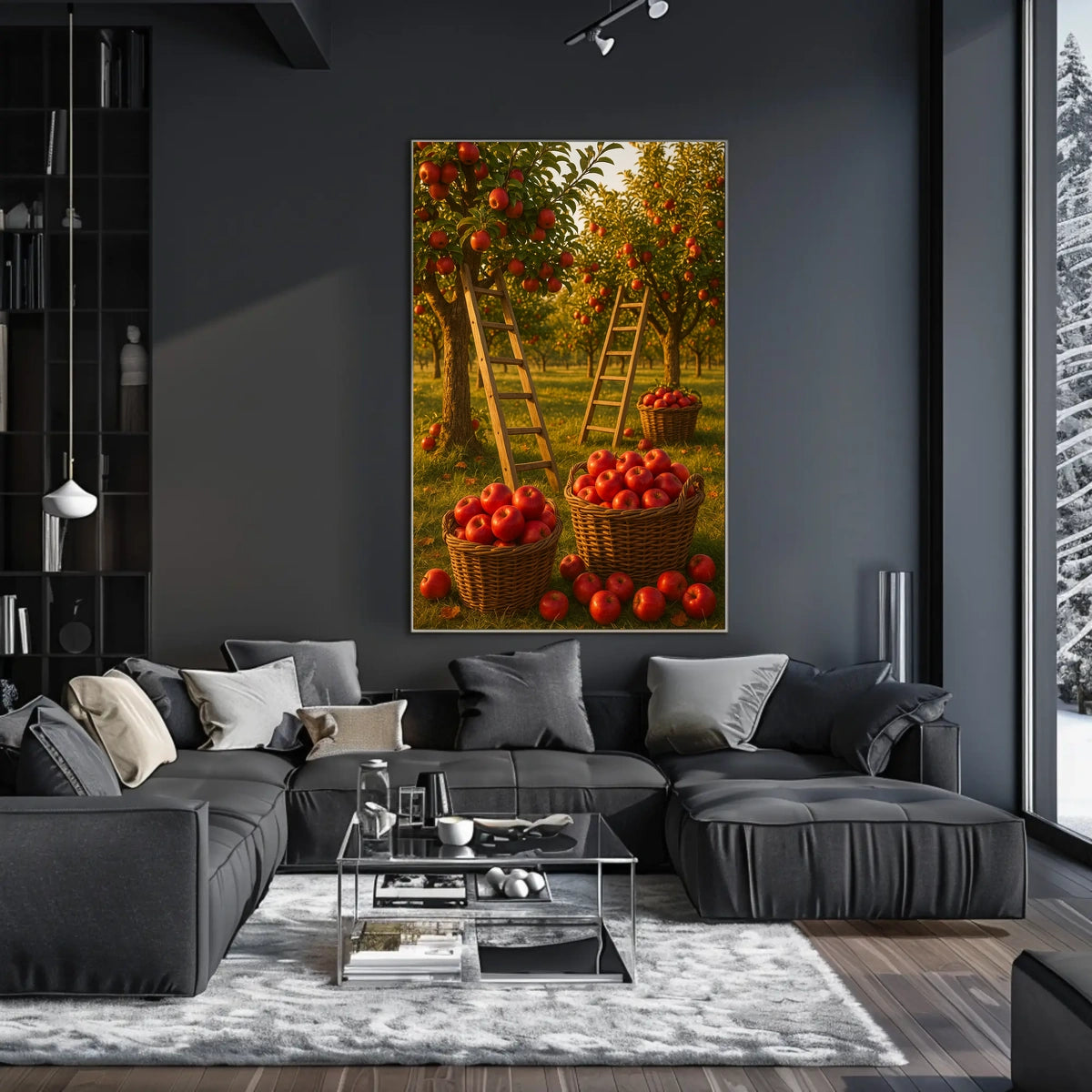 Serene Orchard Apple Harvest Photorealistic Rural Countryside Rustic Charm Nostalgic Farm Sunset Warmth Poster