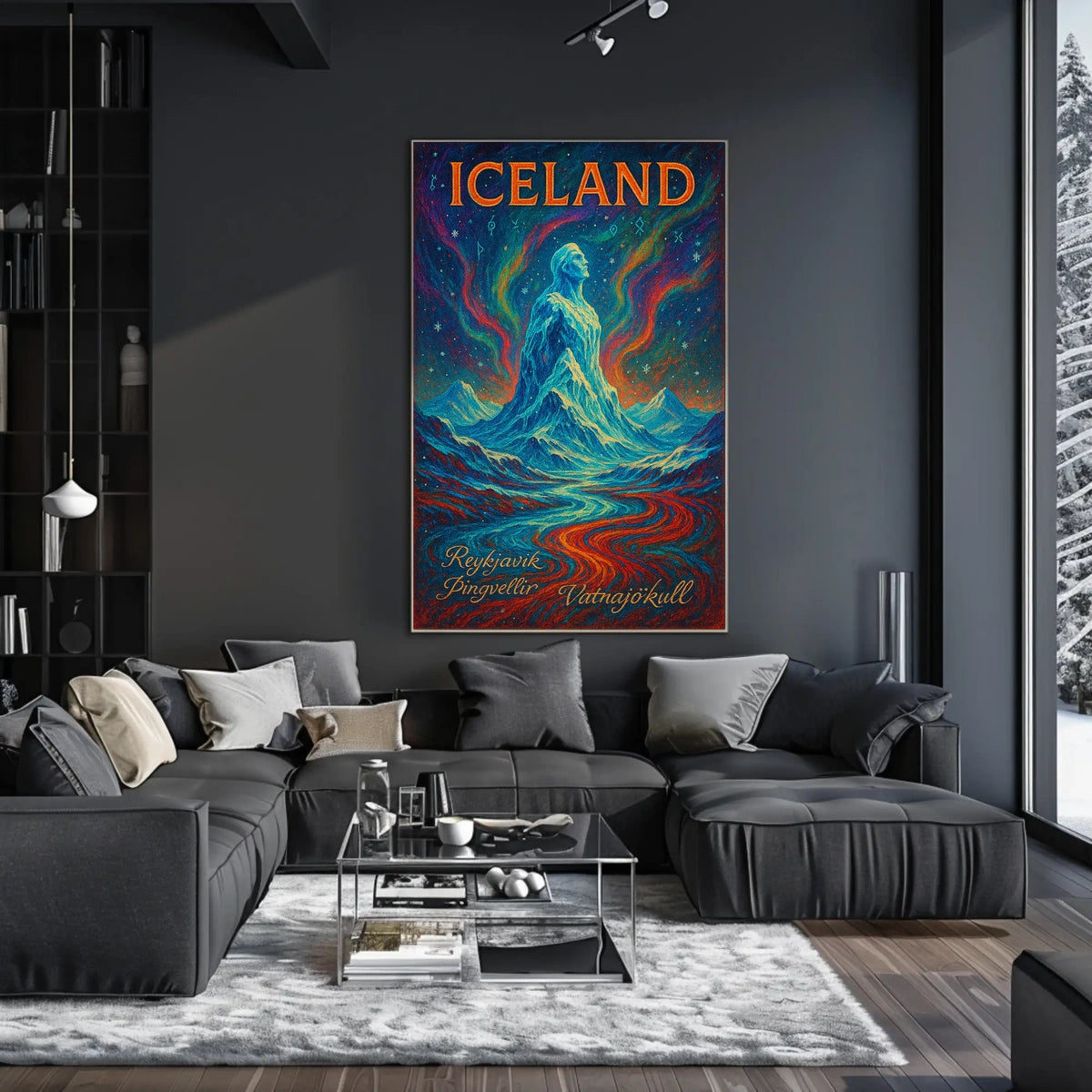 Icelandic Mythical Landscape Poster with Aurora Borealis