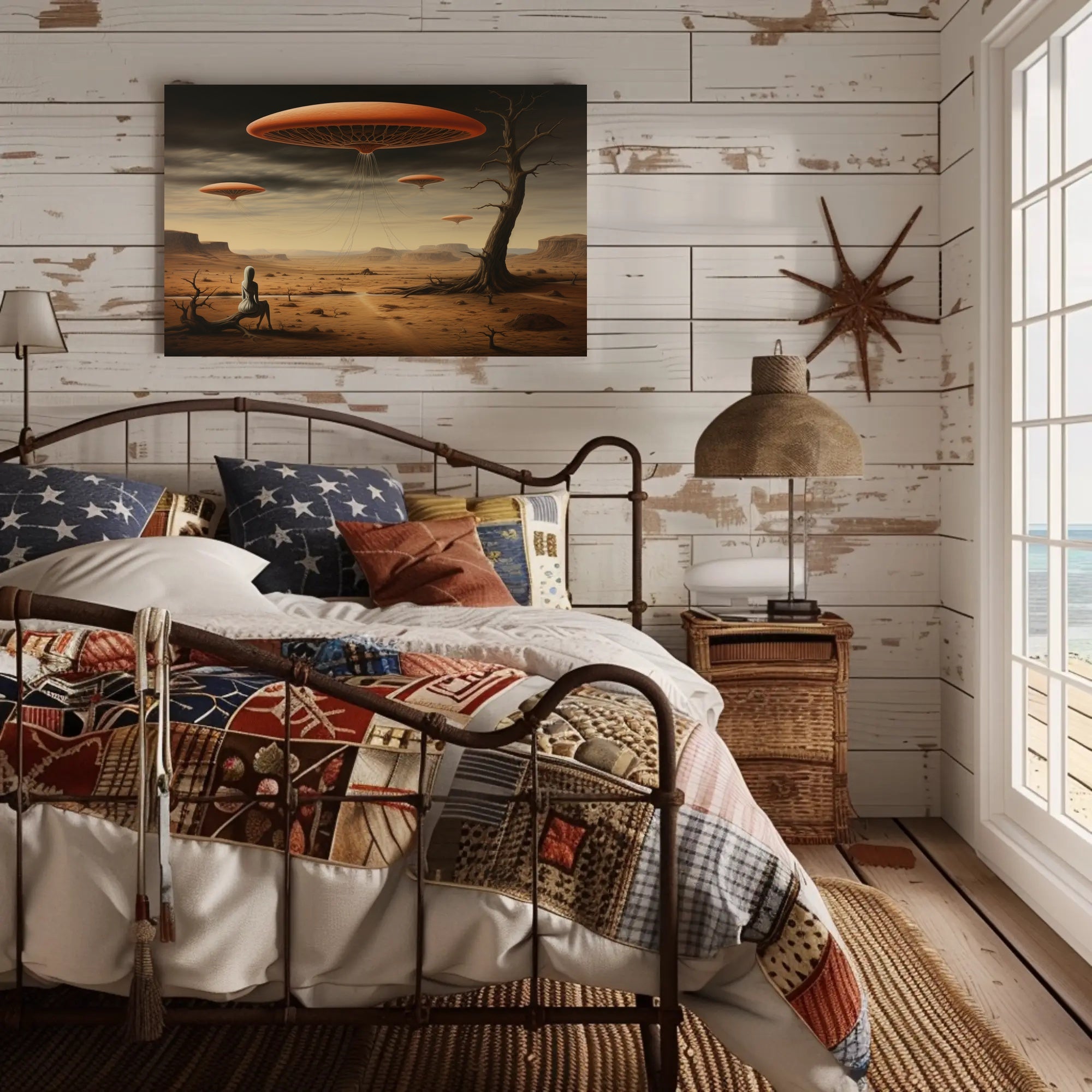 Surreal Hovering Discs in Futuristic Sci-Fi Poster