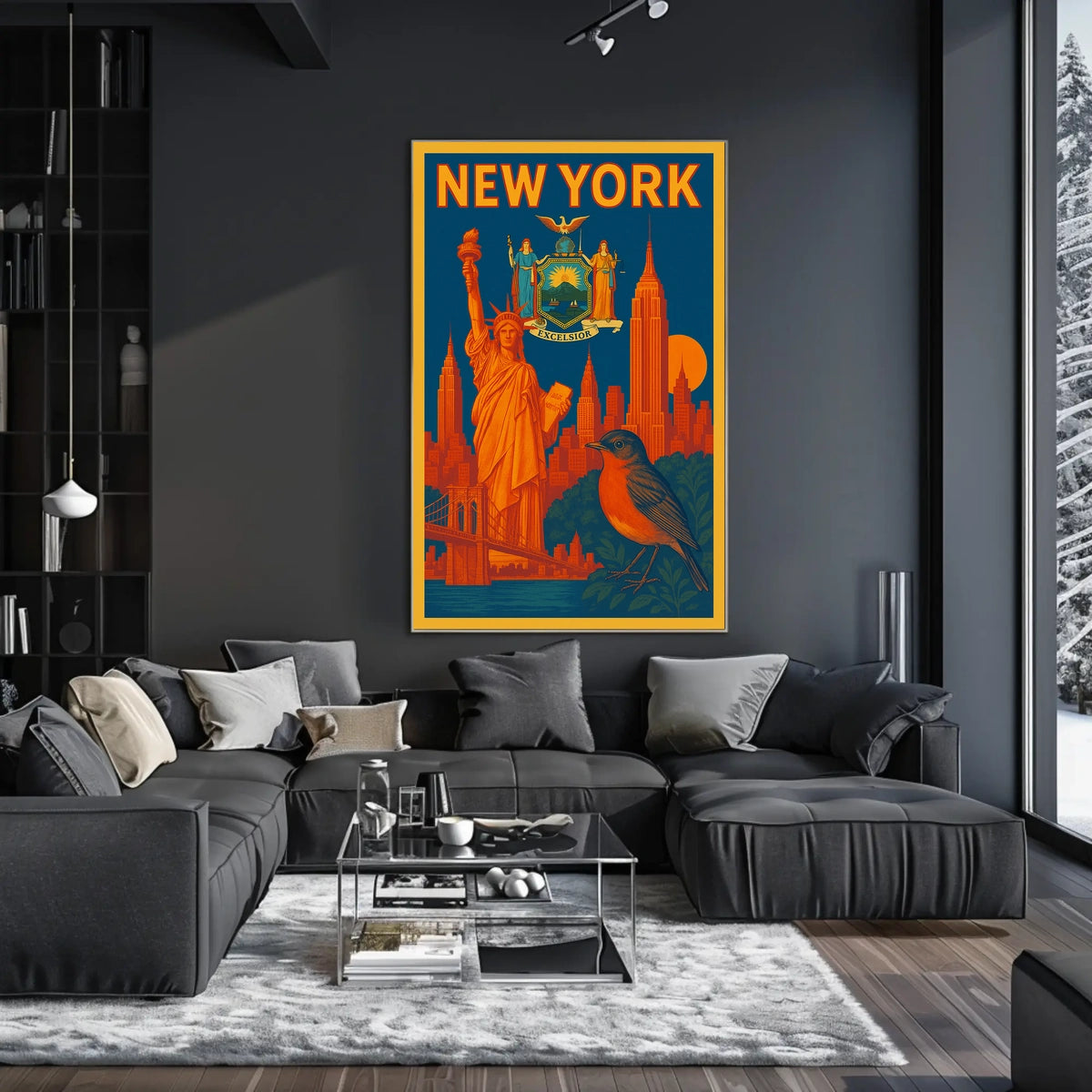New York Poster Vintage Statue Skyline Bridge Wall Art