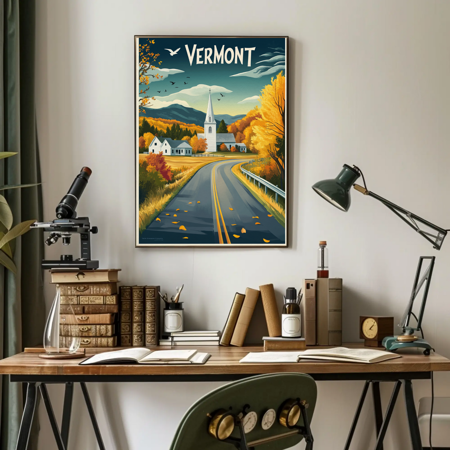 Vermont Vintage Poster - Autumn Road & Church