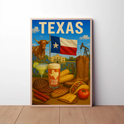 Texas Icons Food Flag Boots Beer Travel Poster