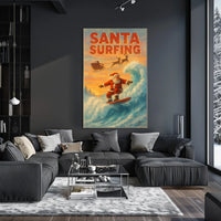 Santa Surfing Vintage Christmas Beach Poster