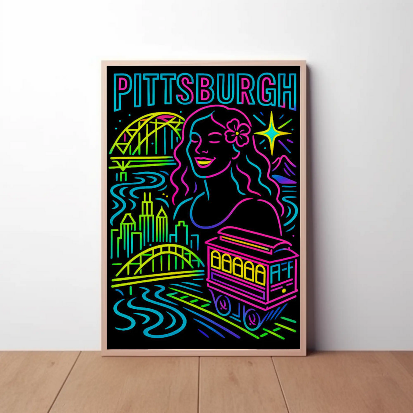 Pittsburgh Neon Bridge Trolley Skyline Travel Poster