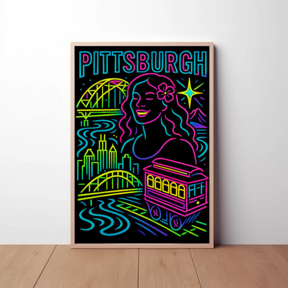 Pittsburgh Neon Bridge Trolley Skyline Travel Poster