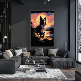 Running Dog at Sunset Shoreline Animal Poster