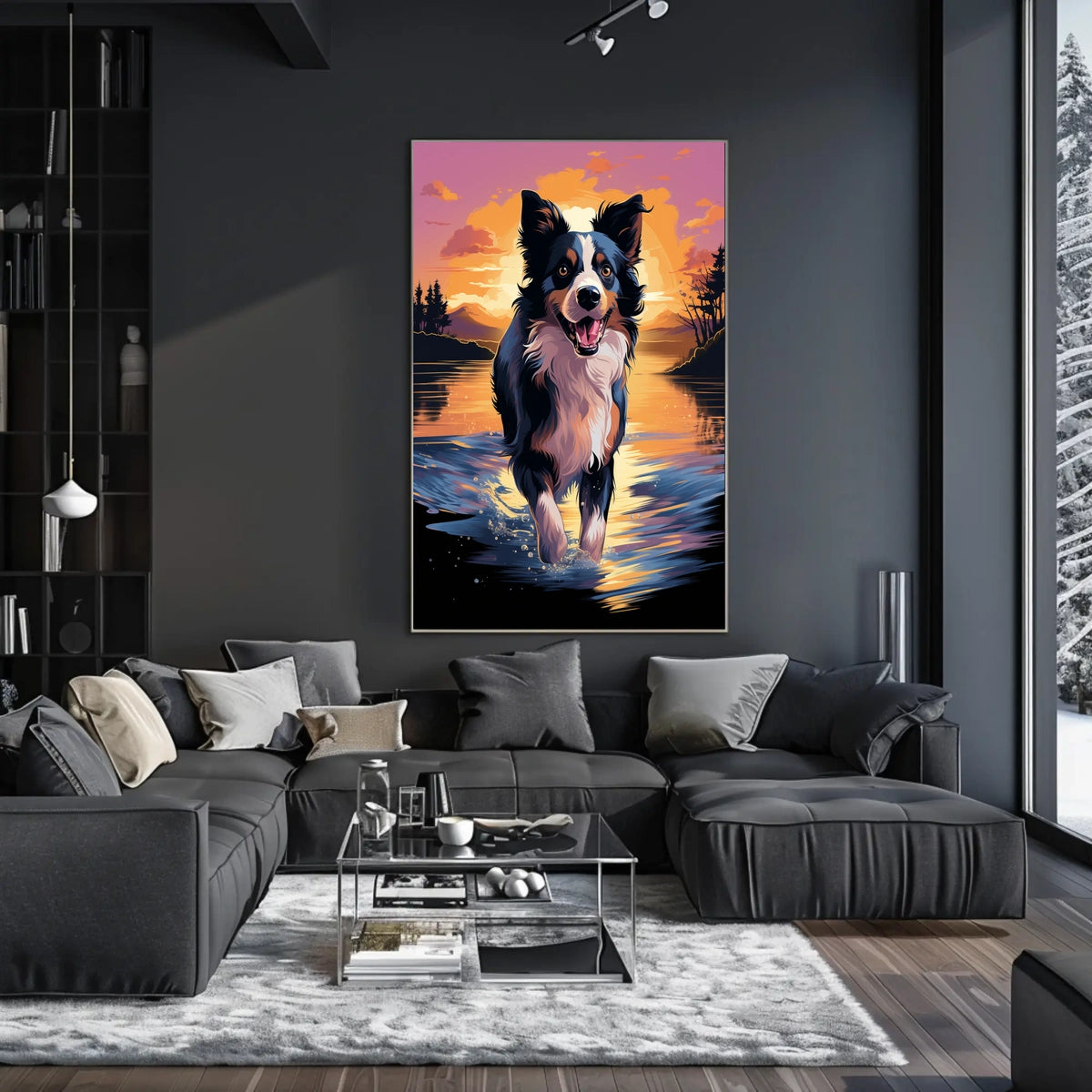 Cheerful Dog at Sunset Landscape Artistic Animal Poster