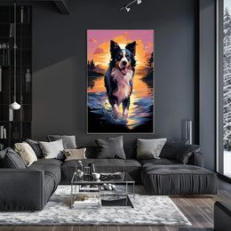 Cheerful Dog at Sunset Landscape Artistic Animal Poster
