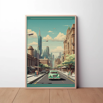 Modern Metropolis City Street Vintage Style Travel Poster