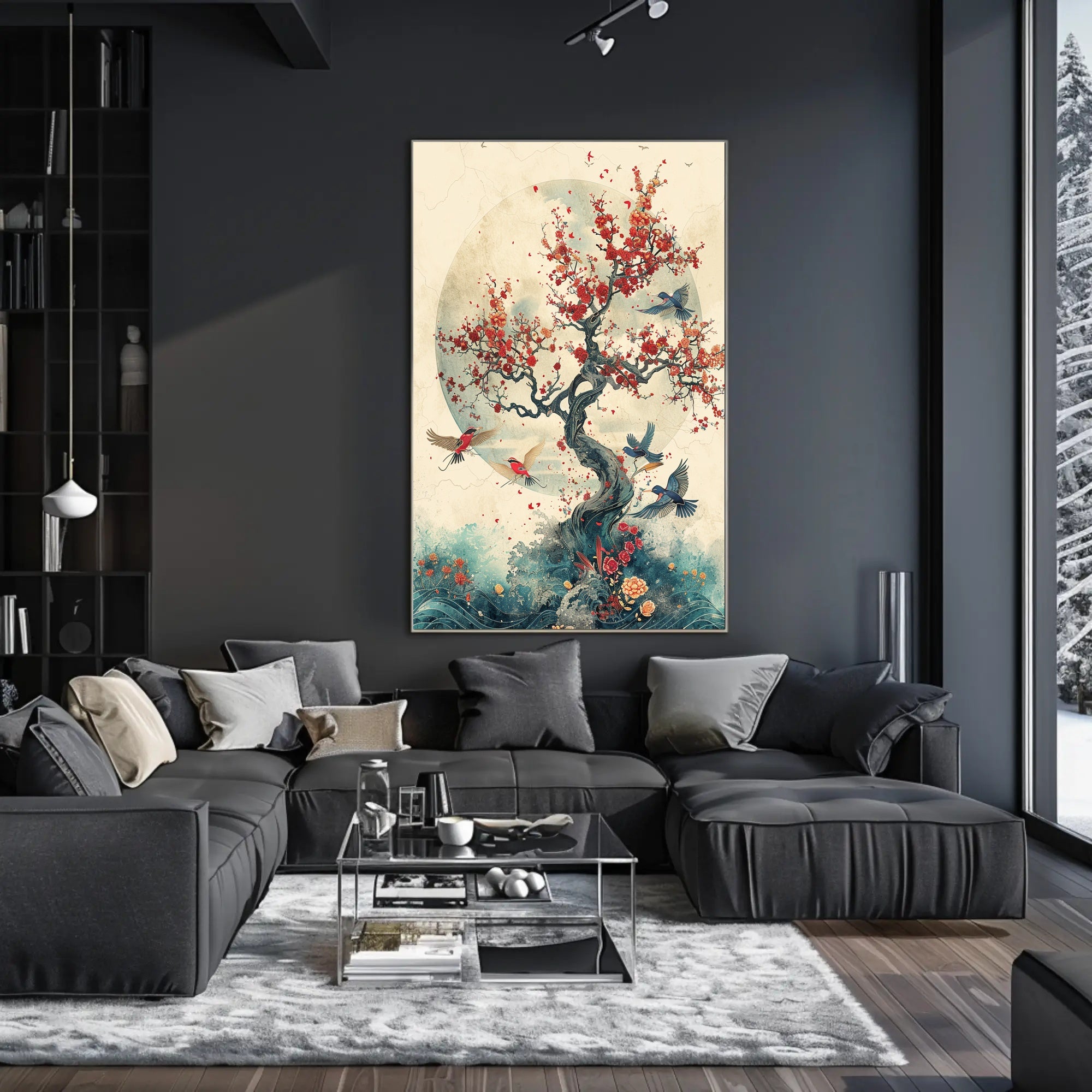 Cherry Blossom Harmony: Birds in Tranquil Flight PosterGoat