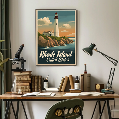 Rhode Island - Coastal Lighthouse Vintage Travel Poster