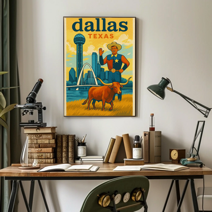 Dallas Cowboy Longhorn Skyline Bridge Sphere Vintage Travel Poster Wall Art