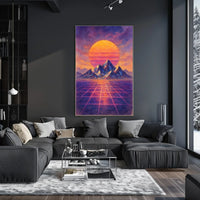 Vibrant Retro-Futuristic Sunset Over Mountains Futuristic Sci-Fi Poster