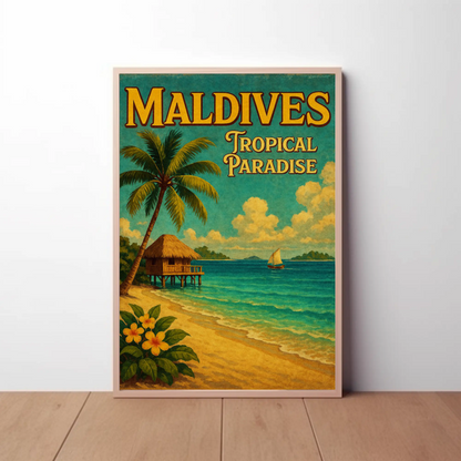 Maldives Tropical Hut With Sailboat Scene Travel Poster