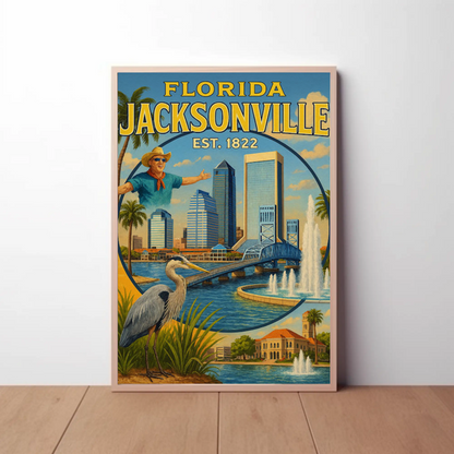 Jacksonville Florida Fishing Bridge Skyline Travel Poster