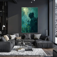 Serene Angel Statue in Misty Graveyard: Artistic Poster PosterGoat