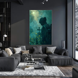 Serene Angel Statue in Misty Graveyard: Artistic Poster PosterGoat