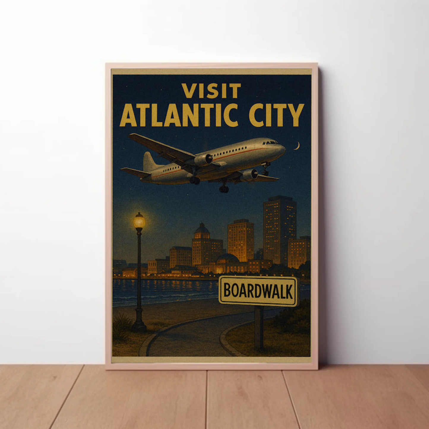 Visit Atlantic City Boardwalk Night Plane Arrival Travel Poster