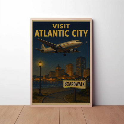 Visit Atlantic City Boardwalk Night Plane Arrival Travel Poster