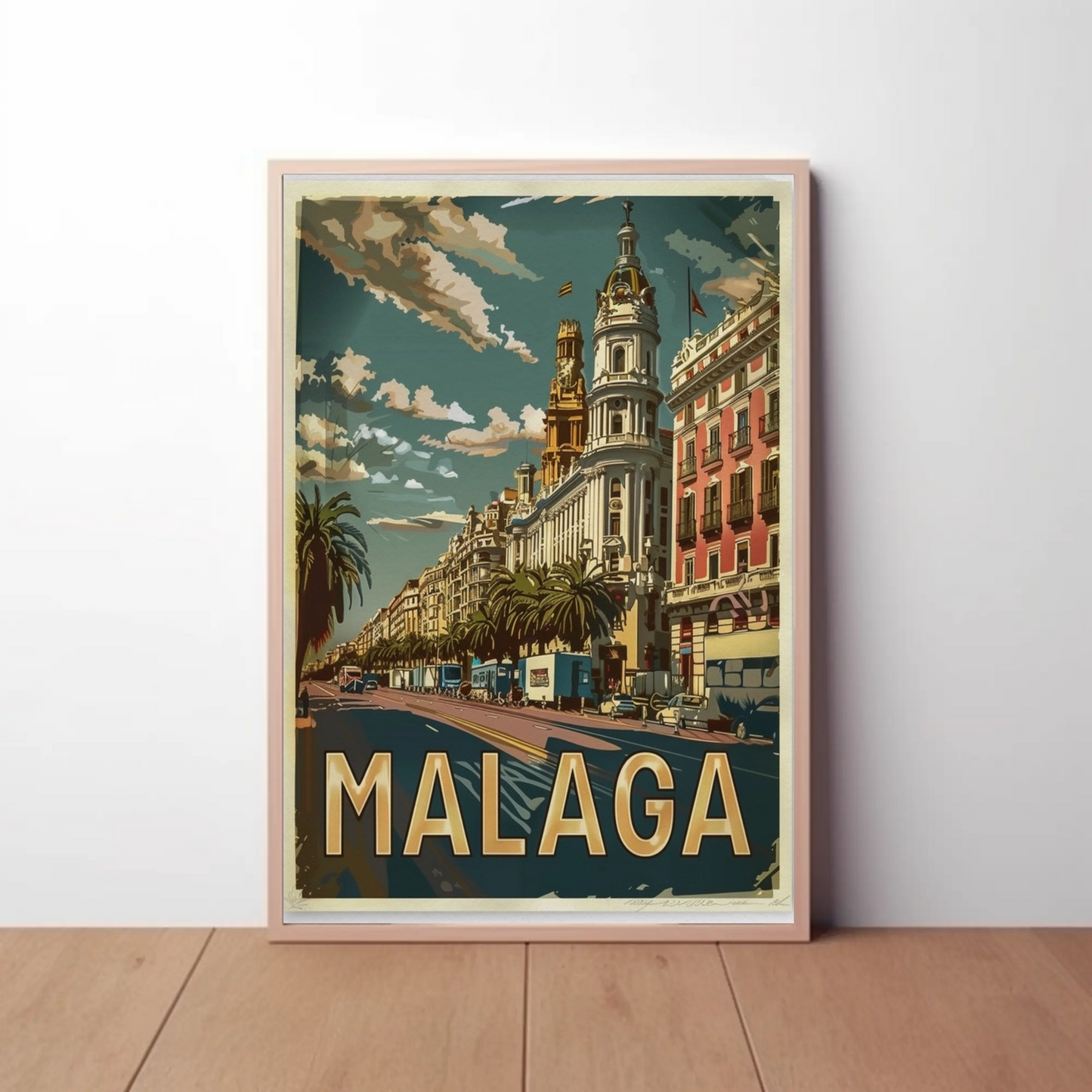 Malaga Urban Cityscape with Palm-Lined Boulevard Travel Poster