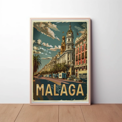 Malaga Urban Cityscape with Palm-Lined Boulevard Travel Poster
