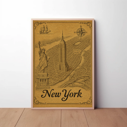 New York Old Map Empire State Statue Central Park Travel Poster