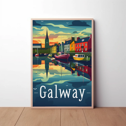 Evening Harbor Scene Galway Ireland Travel Poster