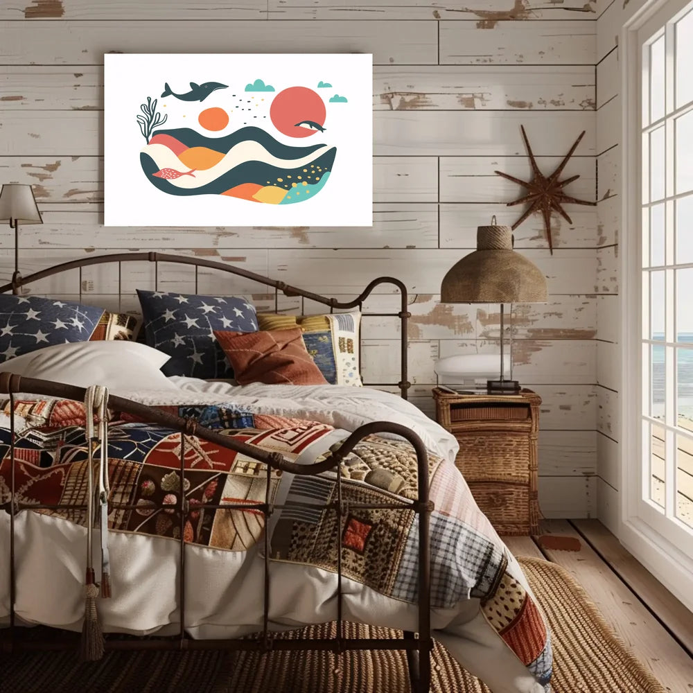 The poster features a whimsical and abstract marine scene. Central to the design Travel Poster