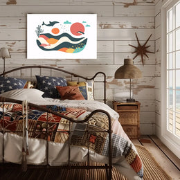 The poster features a whimsical and abstract marine scene. Central to the design Travel Poster