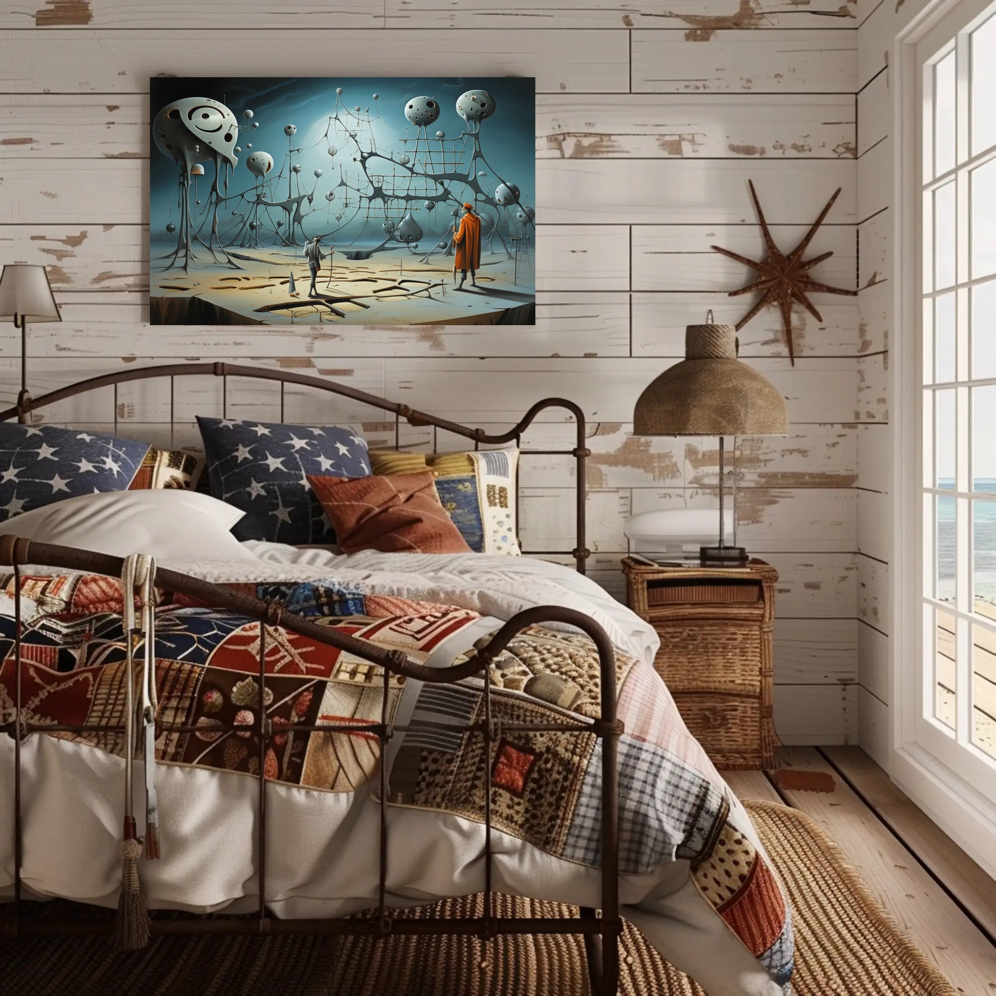 Surreal Dreamscape with Explorers: Futuristic Sci-Fi Poster
