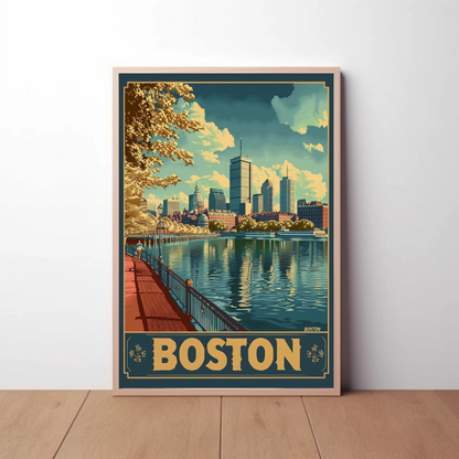 Boston City Skyline Boats River Autumn Travel Poster