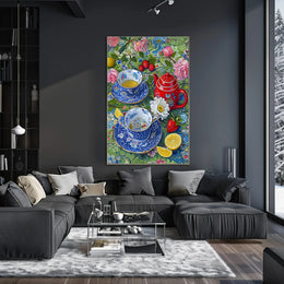 Vibrant Floral Tea Scene Poster with Artistic Poster PosterGoat
