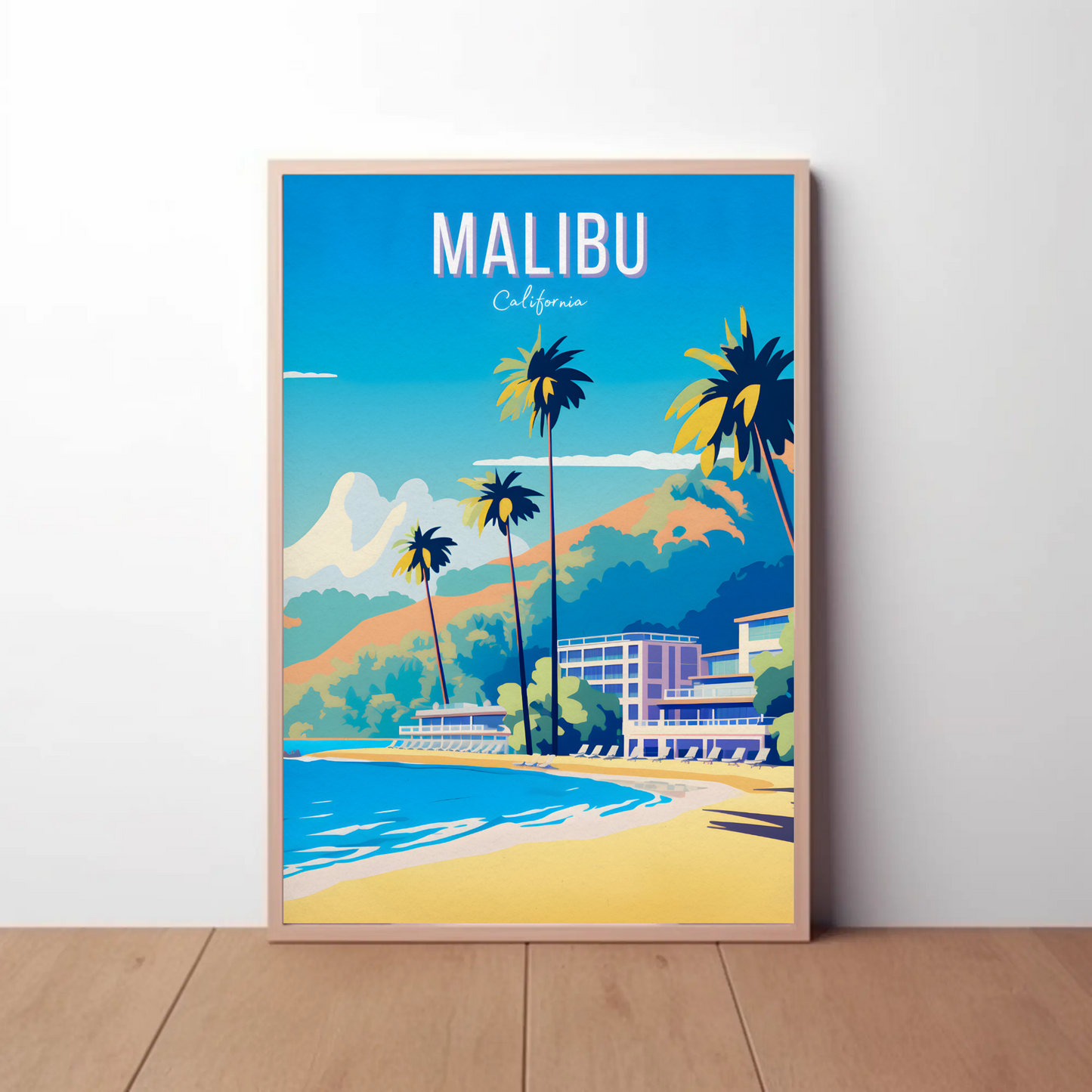 Malibu California Palm Trees Beach Hotel Hills Travel Poster