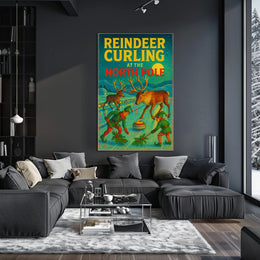 Reindeer Curling at the North Pole Poster