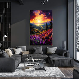 Vibrant Sunset Over Idyllic Countryside Landscape - Artistic Poster